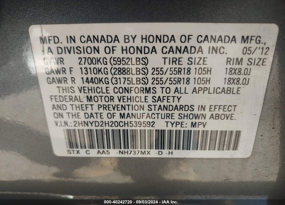 2012 ACURA MDX VIN: 2HNYD2H20CH539592