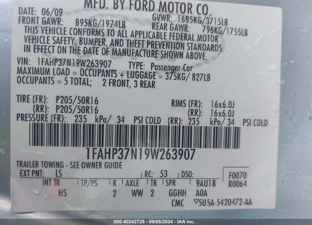 2009 FORD FOCUS SEL VIN: 1FAHP37N19W263907
