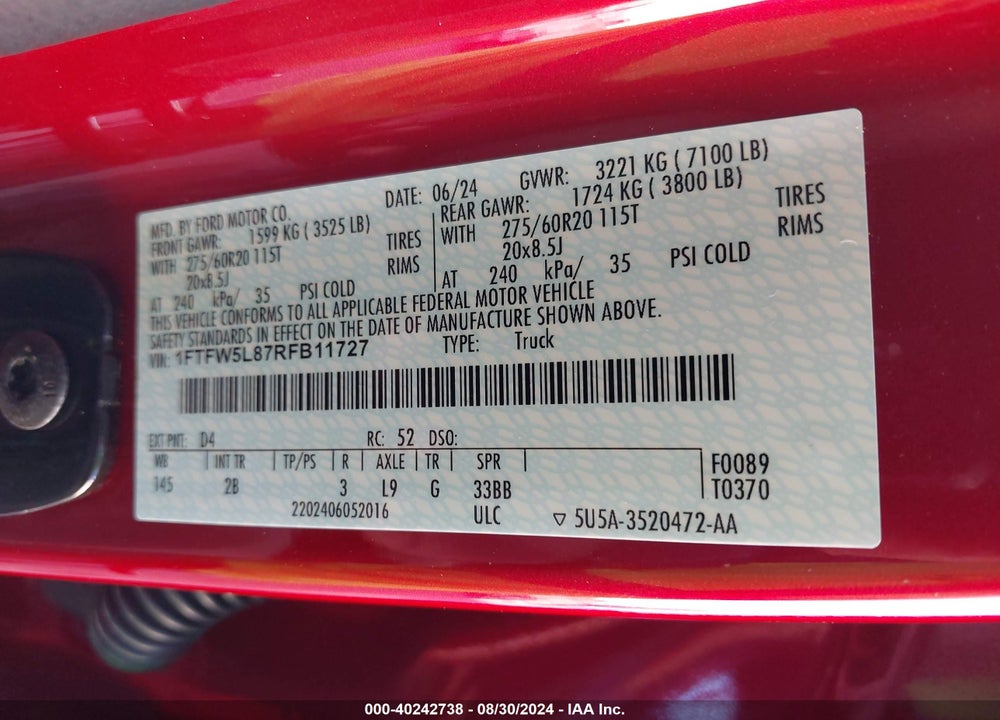 2024 FORD F-150 LARIAT VIN: 1FTFW5L87RFB11727
