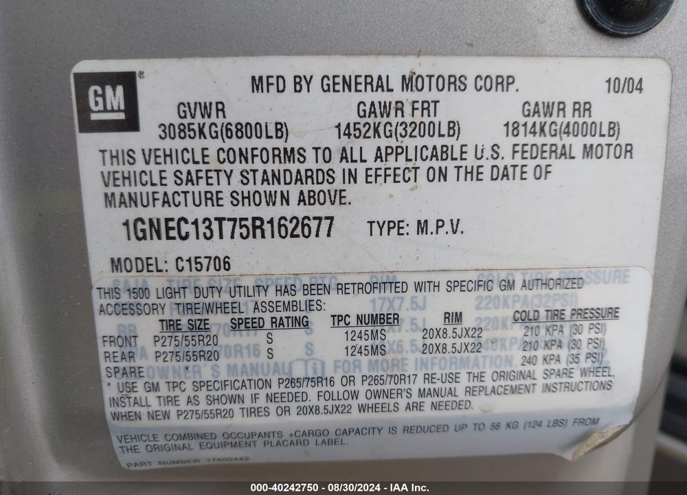 2005 CHEVROLET TAHOE LT VIN: 1GNEC13T75R162677