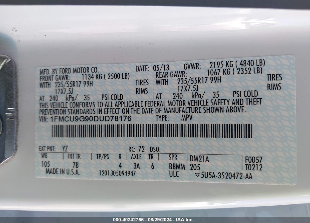 2013 FORD ESCAPE SE VIN: 1FMCU9G90DUD78176