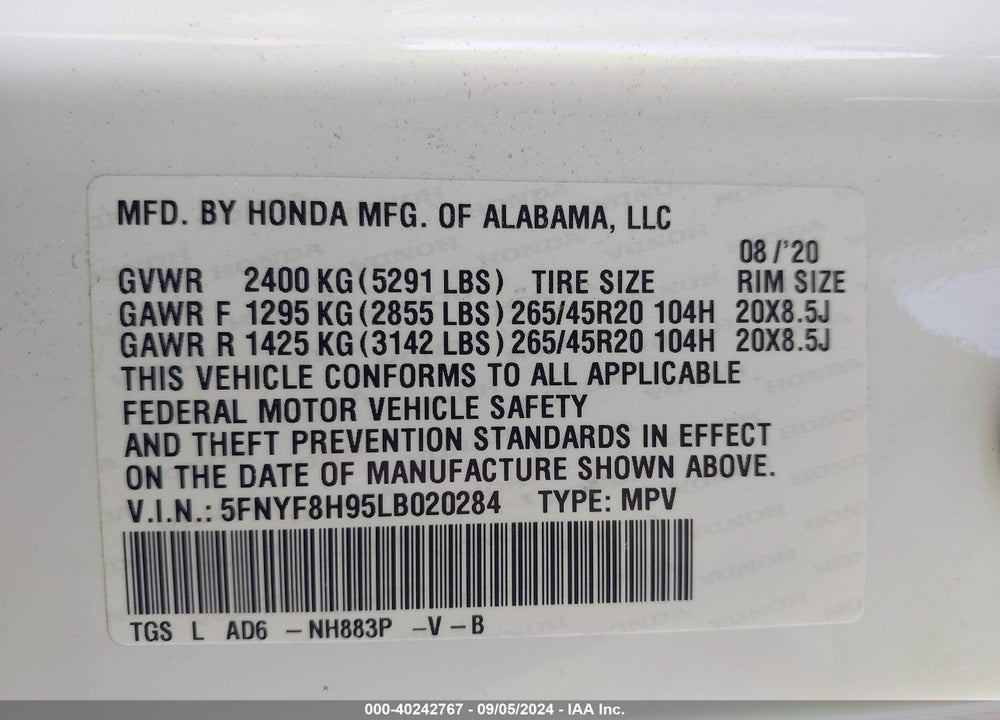 2020 HONDA PASSPORT AWD TOURING VIN: 5FNYF8H95LB020284