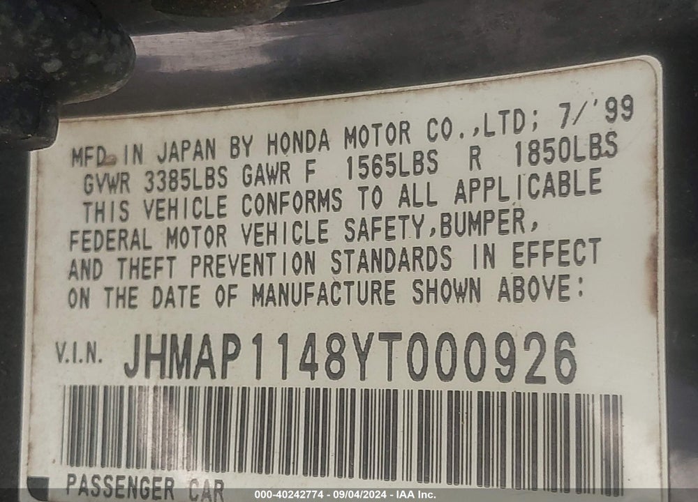 2000 HONDA S2000 VIN: JHMAP1148YT000926