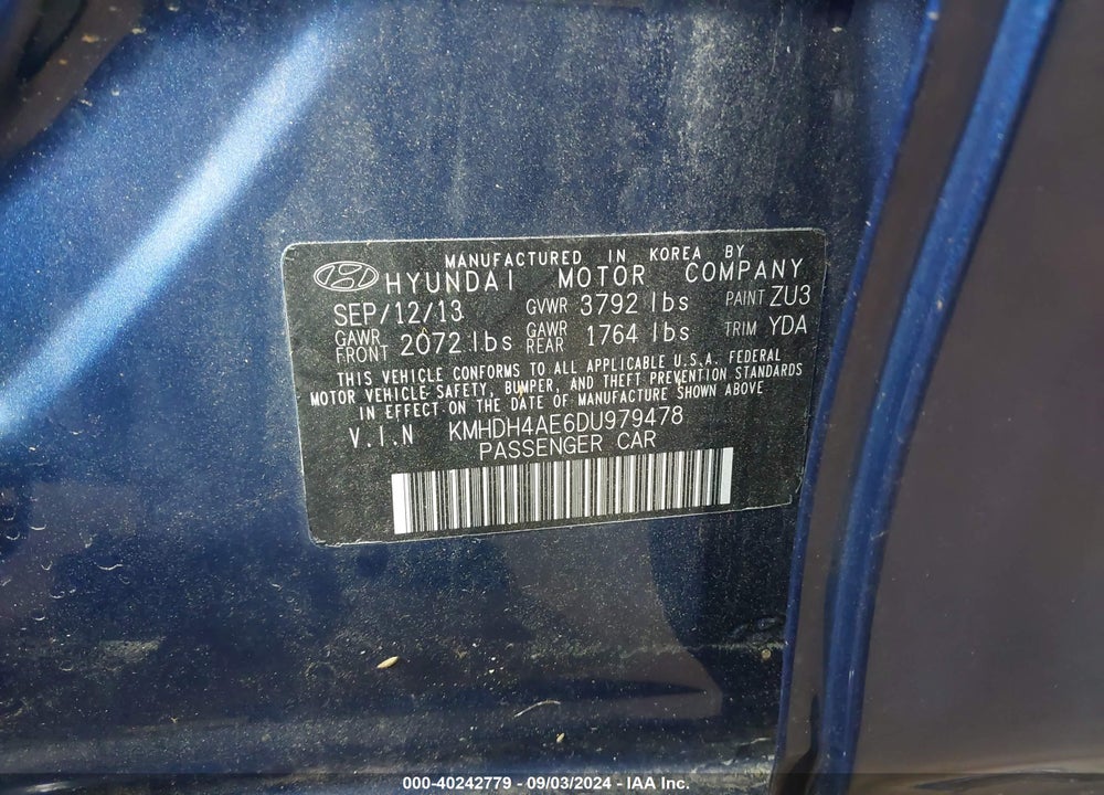 2013 HYUNDAI ELANTRA GLS VIN: KMHDH4AE6DU979478