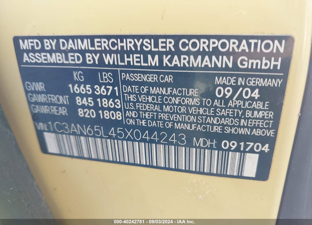 2005 CHRYSLER CROSSFIRE LIMITED VIN: 1C3AN65L45X044243