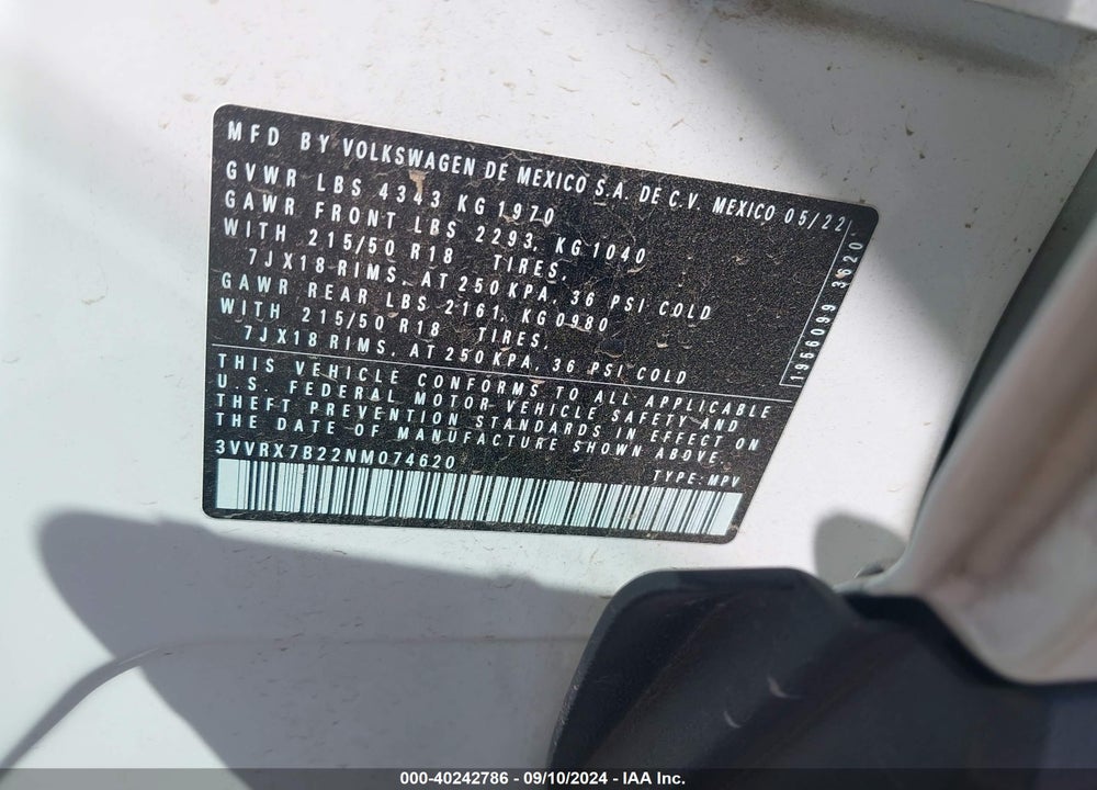 2022 VOLKSWAGEN TAOS VIN: 3VVRX7B22NM074620