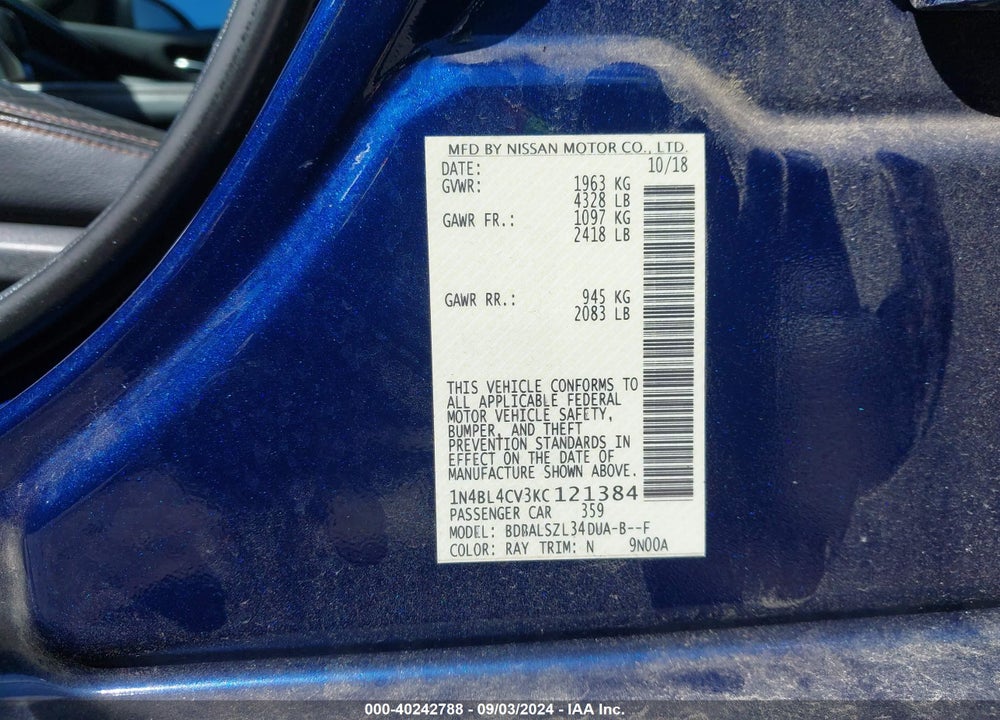 2019 NISSAN ALTIMA 2.5 SR VIN: 1N4BL4CV3KC121384