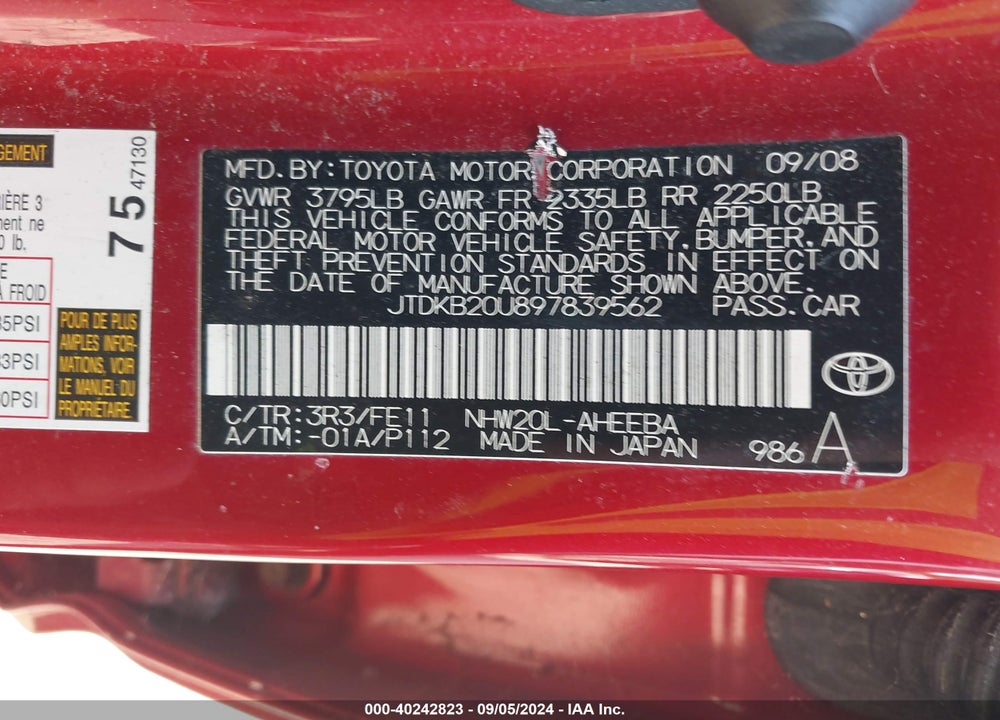 2009 TOYOTA PRIUS VIN: JTDKB20U897839562