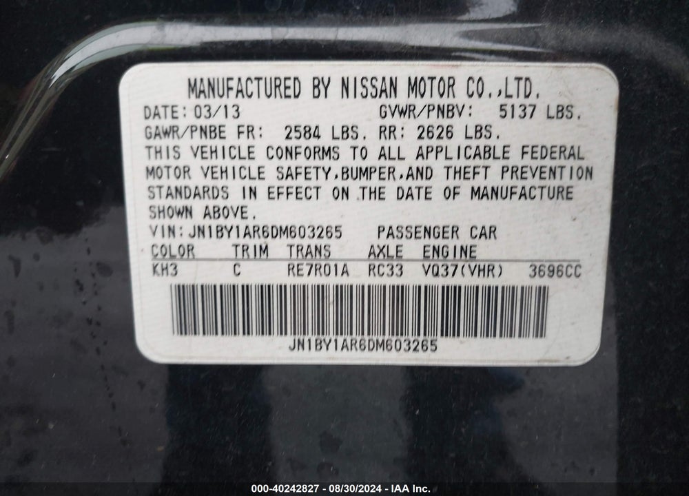 2013 INFINITI M37X VIN: JN1BY1AR6DM603265