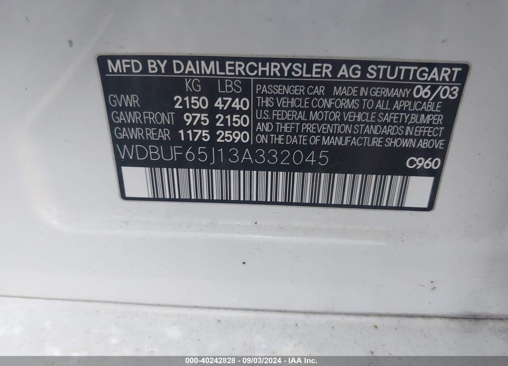 2003 MERCEDES-BENZ E 320 VIN: WDBUF65J13A332045