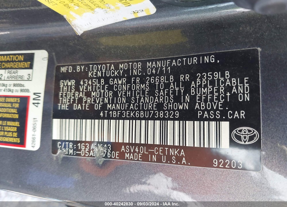 2011 TOYOTA CAMRY LE VIN: 4T1BF3EK6BU738329