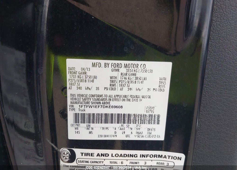 2013 FORD F-150 XLT VIN: 1FTFW1EF7DKE69608