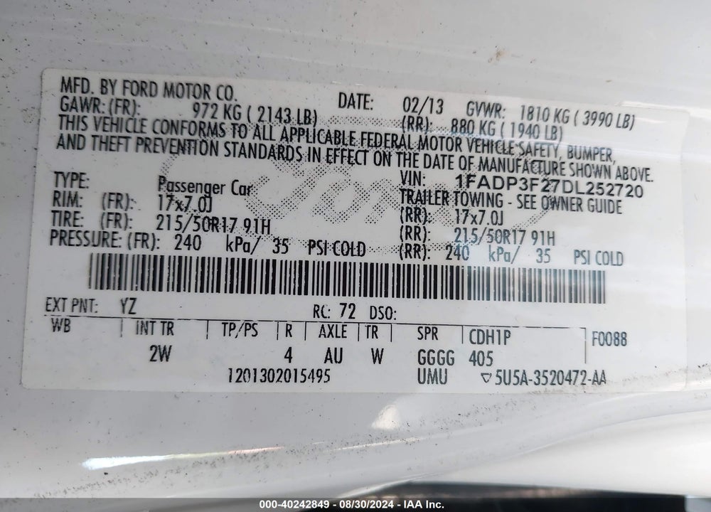 2013 FORD FOCUS VIN: 1FADP3F27DL252720