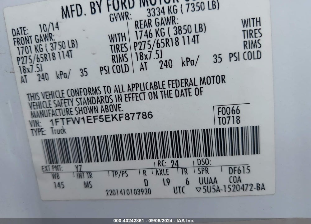 2014 FORD F-150 XLT VIN: 1FTFW1EF5EKF87786