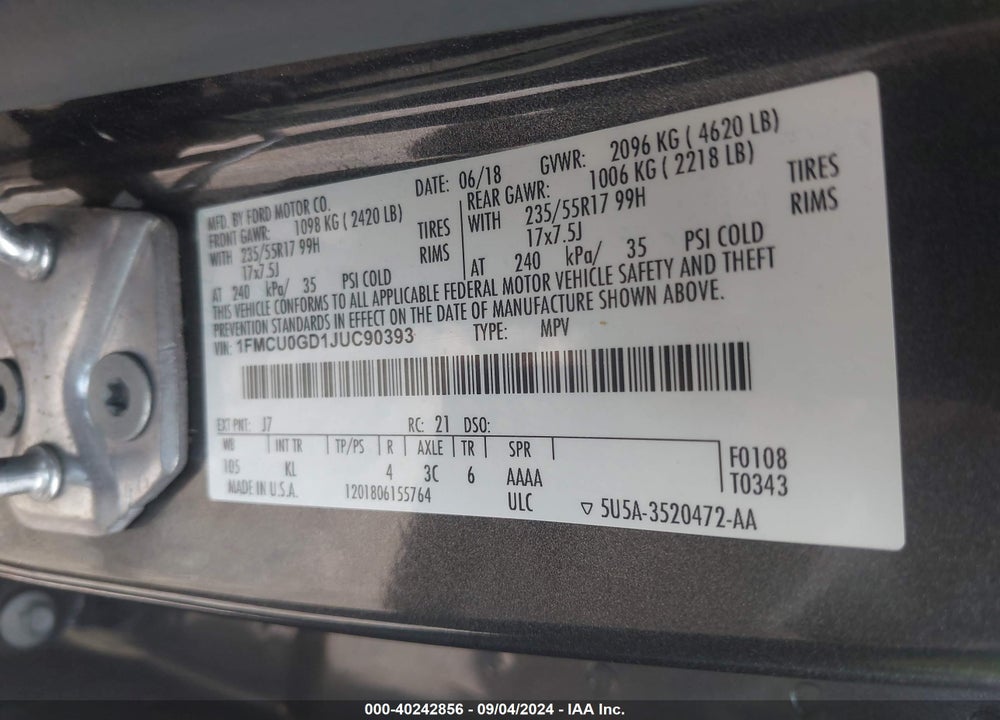 2018 FORD ESCAPE SE VIN: 1FMCU0GD1JUC90393