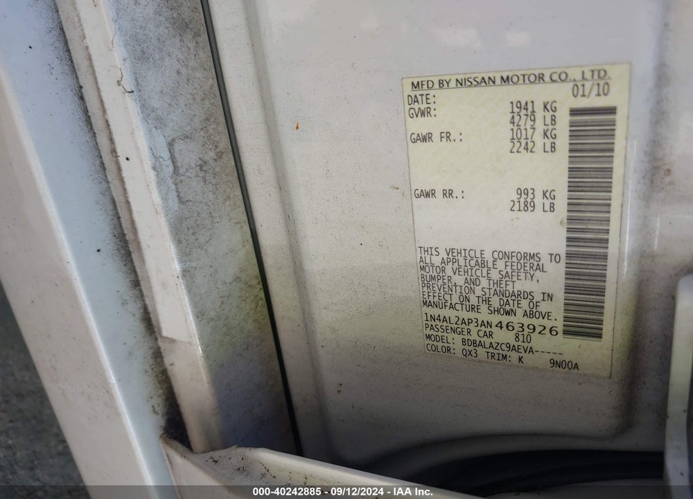 2010 NISSAN ALTIMA 2.5 VIN: 1N4AL2AP3AN463926