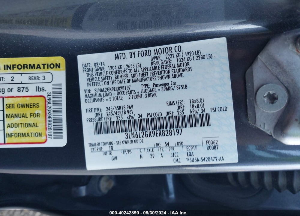 2014 LINCOLN MKZ VIN: 3LN6L2GK9ER828197