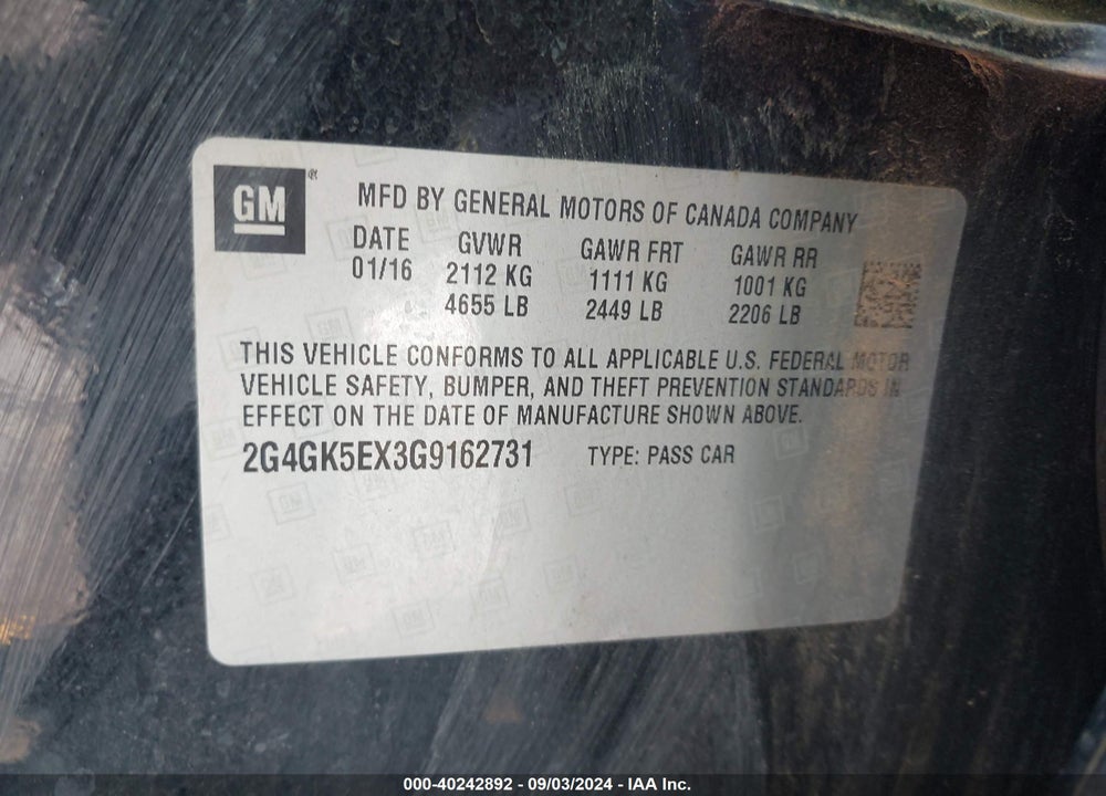 2016 BUICK REGAL TURBO VIN: 2G4GK5EX3G9162731