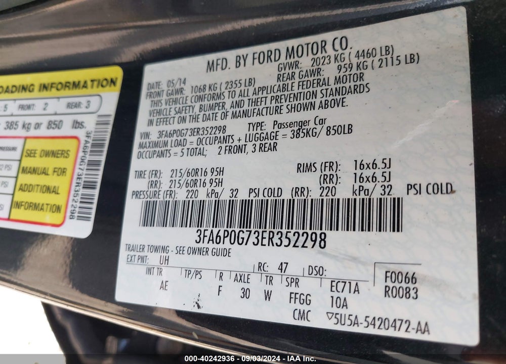 2014 FORD FUSION S VIN: 3FA6P0G73ER352298