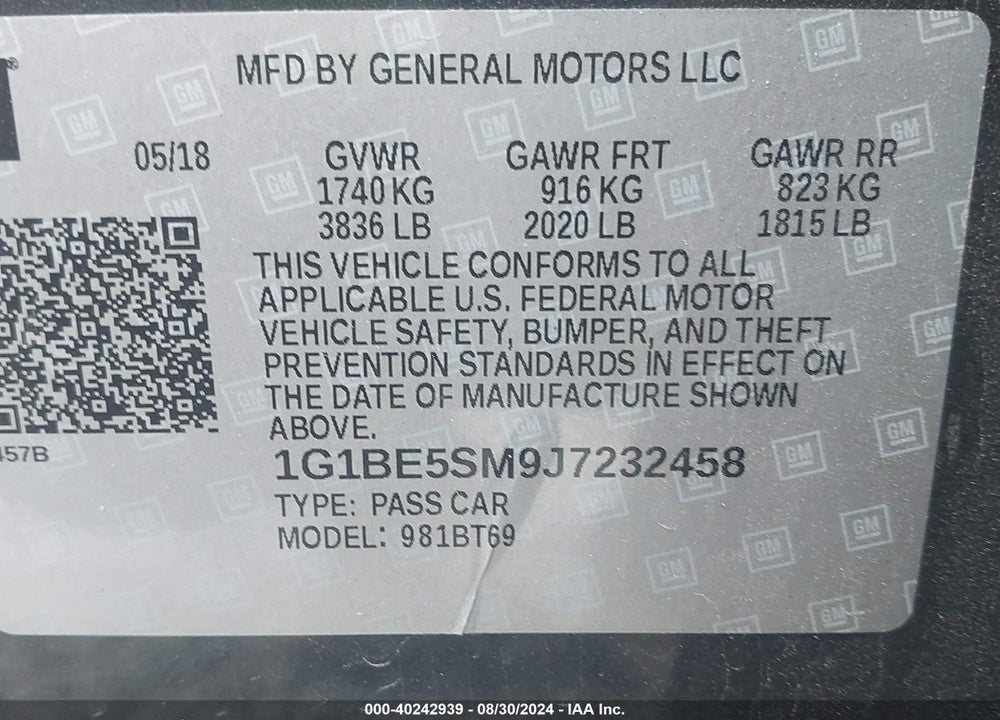 2018 CHEVROLET CRUZE LT AUTO VIN: 1G1BE5SM9J7232458