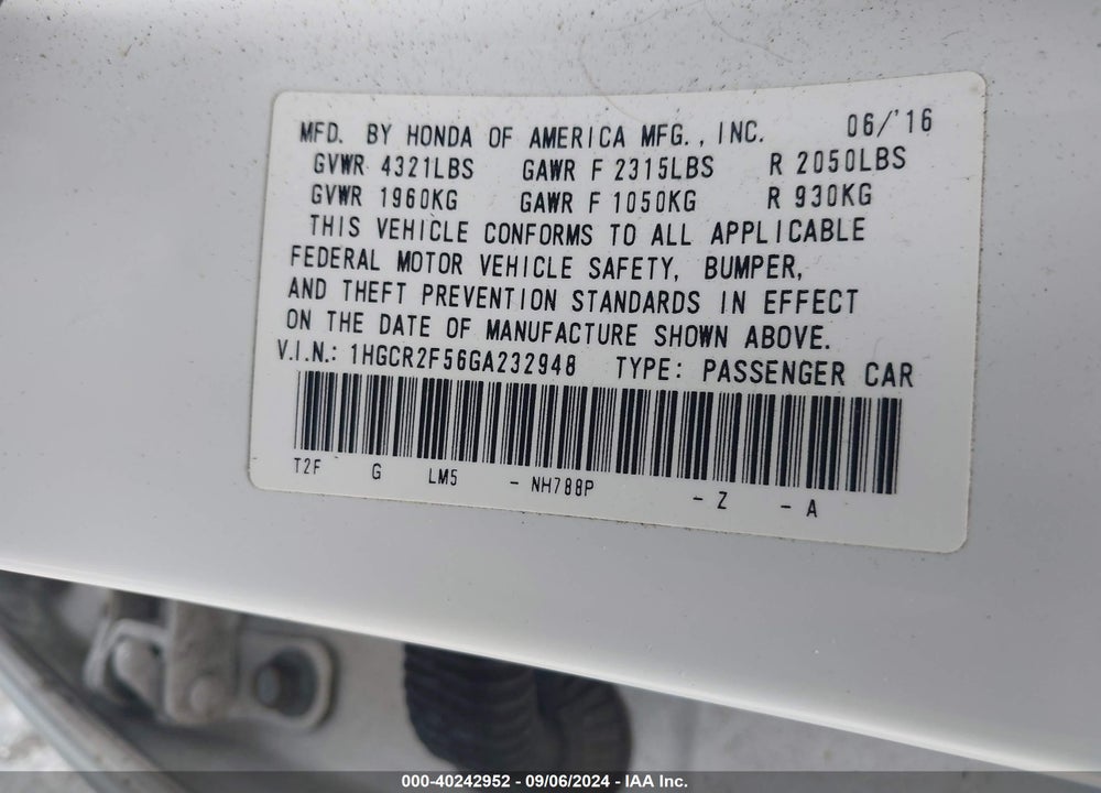 2016 HONDA ACCORD SPORT VIN: 1HGCR2F56GA232948