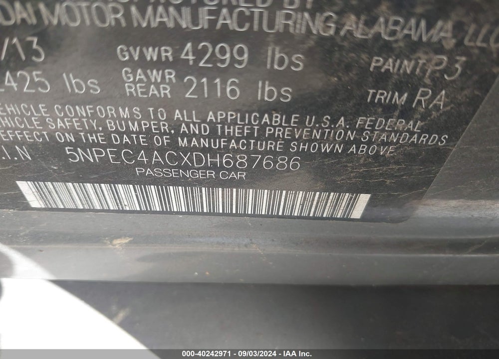 2013 HYUNDAI SONATA SE VIN: 5NPEC4ACXDH687686