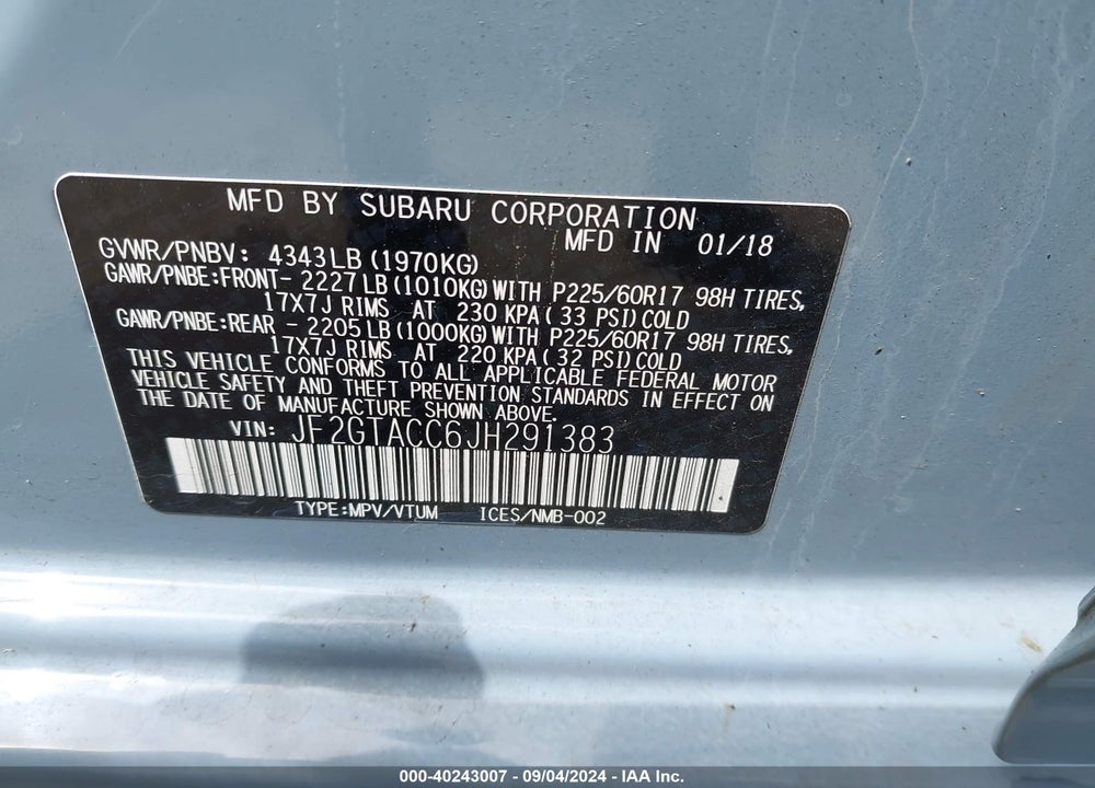 2018 SUBARU CROSSTREK 2.0I PREMIUM VIN: JF2GTACC6JH291383