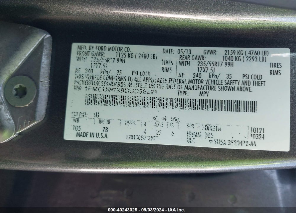 2013 FORD ESCAPE SE VIN: 1FMCU9GX9DUD66221