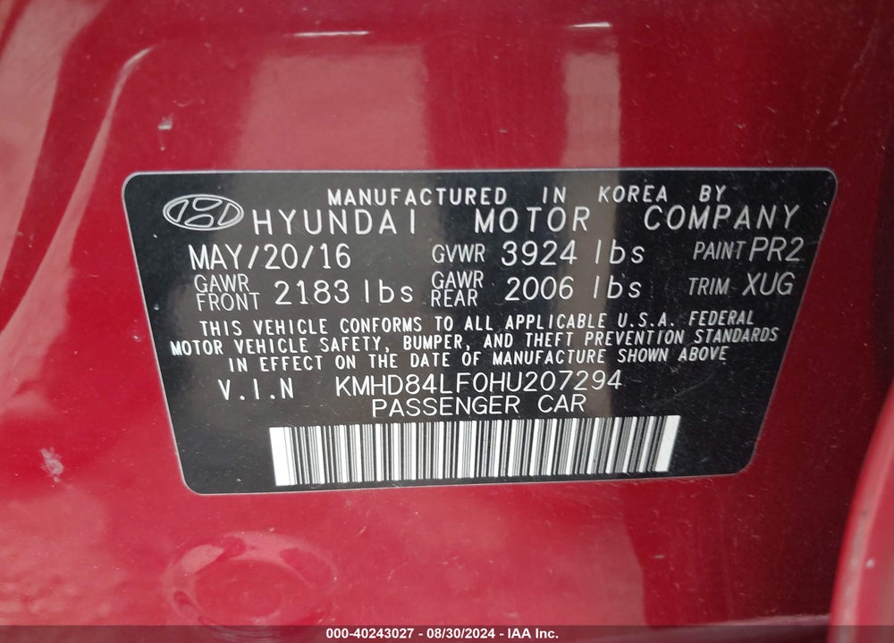 2017 HYUNDAI ELANTRA SE VIN: KMHD84LF0HU207294