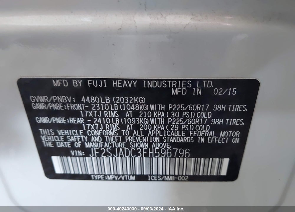 2015 SUBARU FORESTER 2.5I PREMIUM VIN: JF2SJADC3FH596796