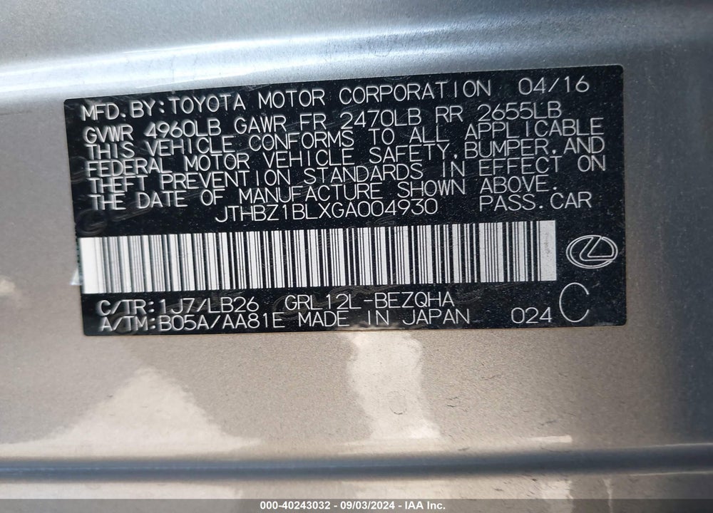2016 LEXUS GS 350 F-SPORT VIN: JTHBZ1BLXGA004930