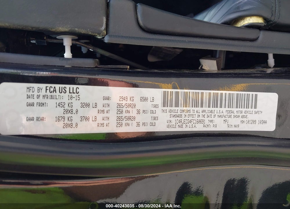 2015 JEEP GRAND CHEROKEE HIGH ALTITUDE VIN: 1C4RJECG4FC160691