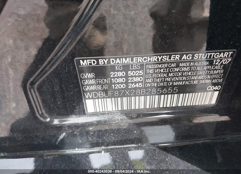 2008 MERCEDES-BENZ E 350 VIN: WDBUF87X28B285655