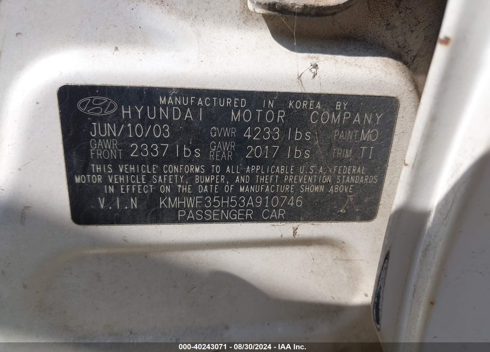 2003 HYUNDAI SONATA GLS/LX VIN: KMHWF35H53A910746