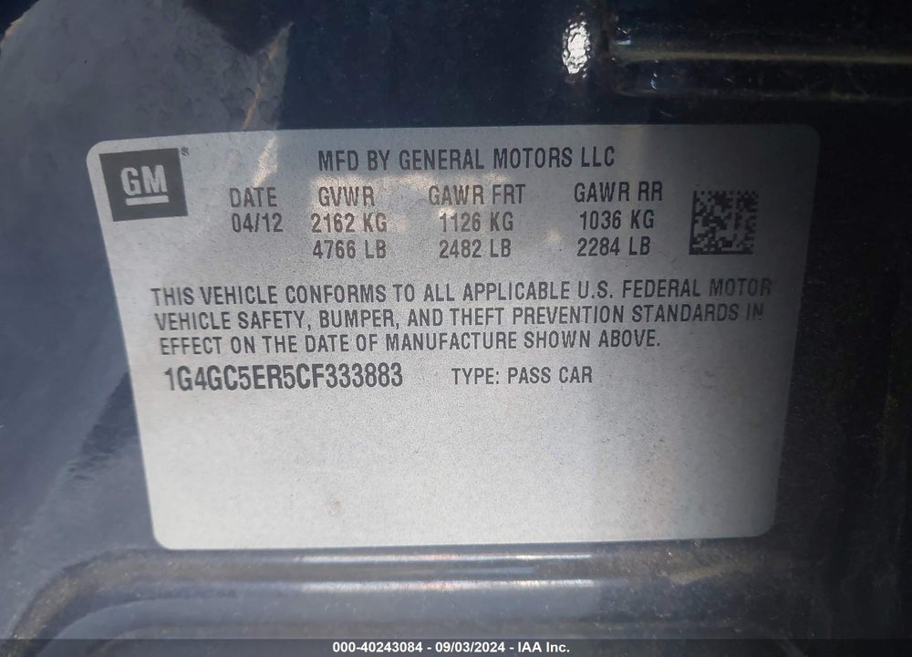 2012 BUICK LACROSSE LEATHER GROUP VIN: 1G4GC5ER5CF333883