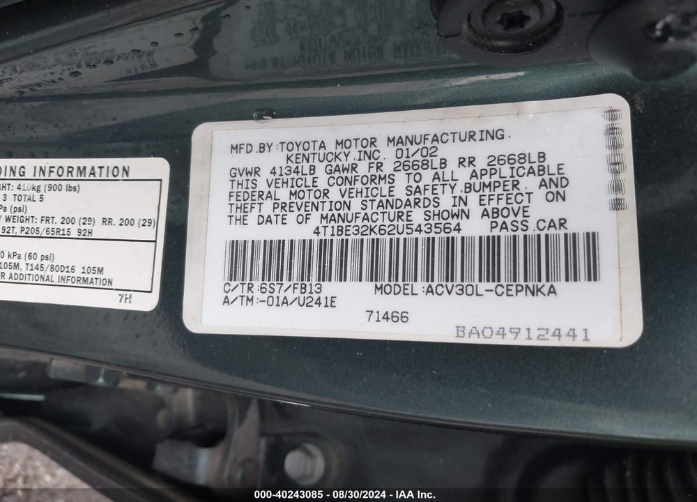 2002 TOYOTA CAMRY LE VIN: 4T1BE32K62U543564