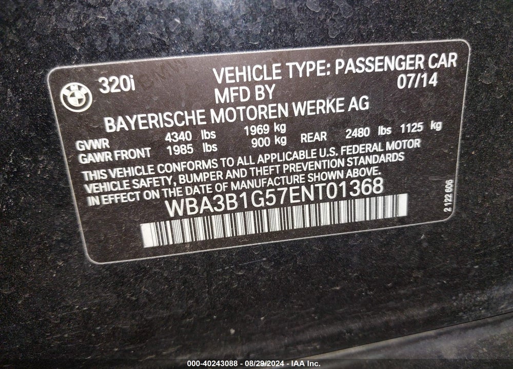 2014 BMW 320I VIN: WBA3B1G57ENT01368