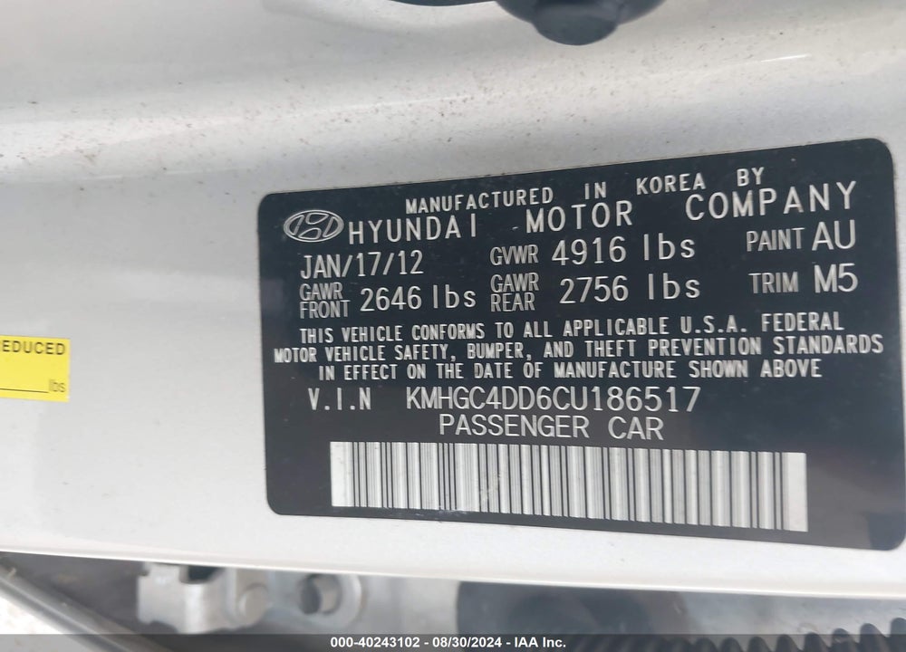 2012 HYUNDAI GENESIS VIN: KMHGC4DD6CU186517