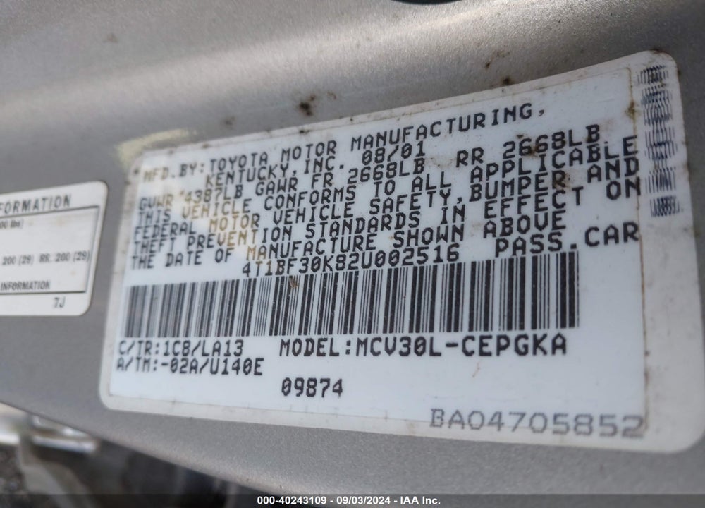 2002 TOYOTA CAMRY XLE V6 VIN: 4T1BF30K82U002516