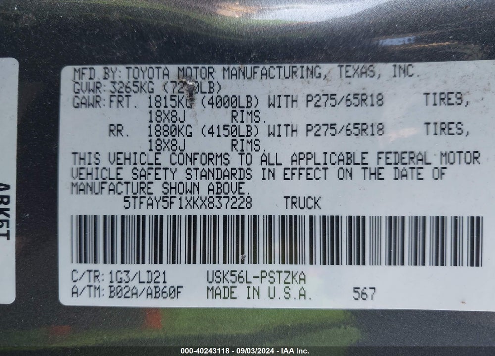 2019 TOYOTA TUNDRA 1794 5.7L V8 VIN: 5TFAY5F1XKX837228