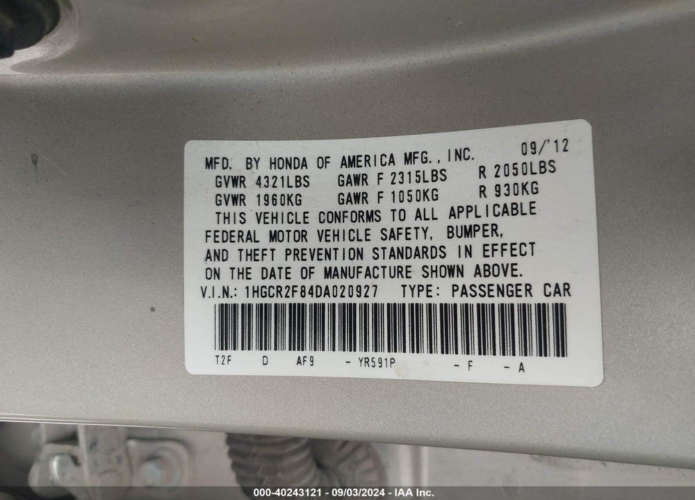 2013 HONDA ACCORD EX-L VIN: 1HGCR2F84DA020927