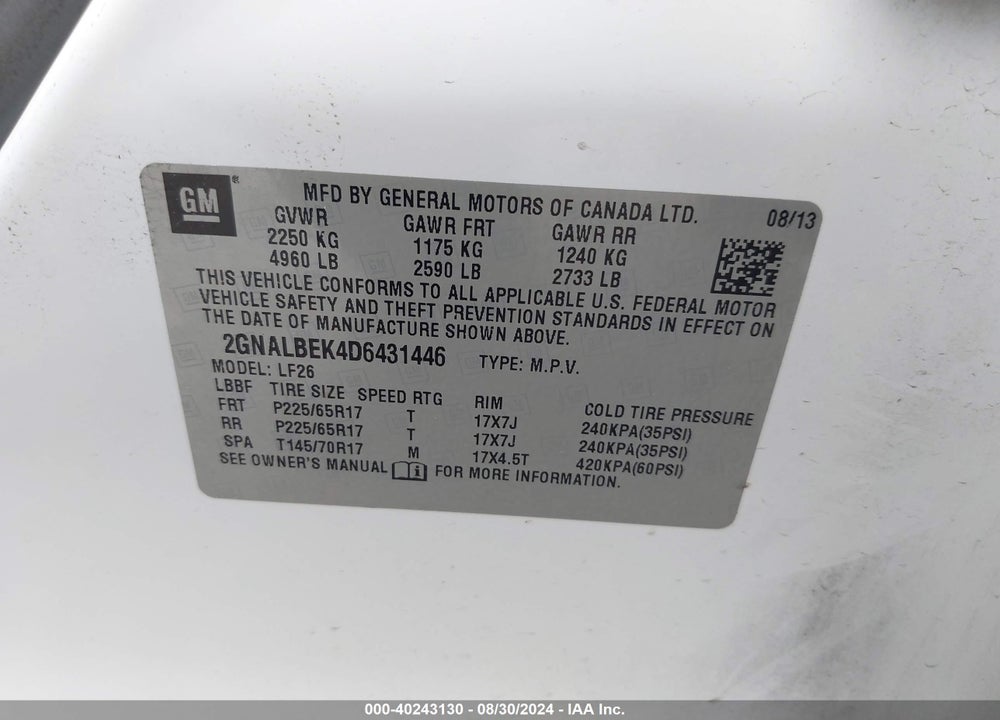 2013 CHEVROLET EQUINOX LS VIN: 2GNALBEK4D6431446