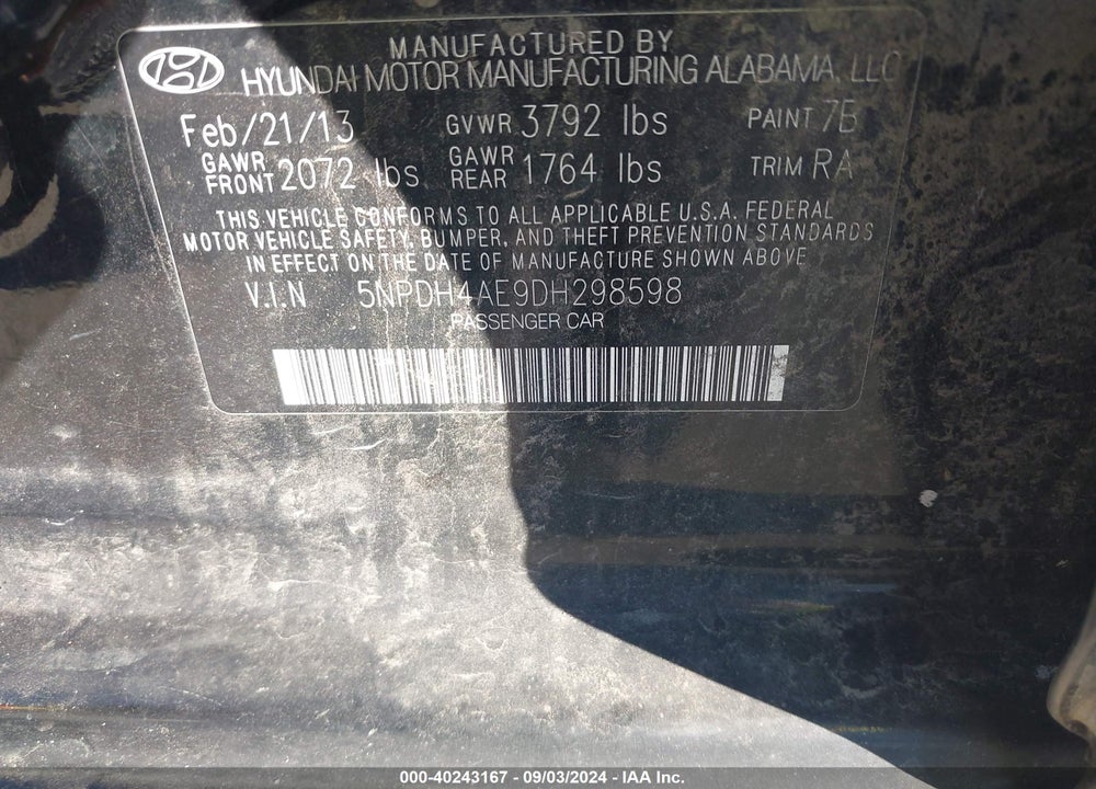 2013 HYUNDAI ELANTRA LIMITED VIN: 5NPDH4AE9DH298598