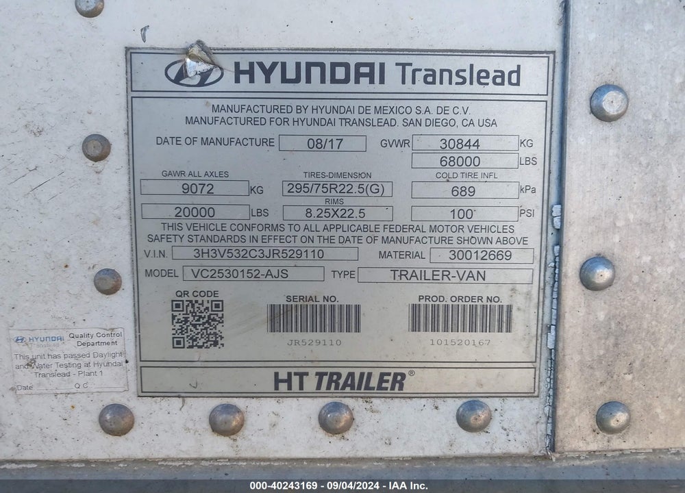 2018 HYUNDAI TRANSLEAD INC 53' SEMI TRAILER VIN: 3H3V532C3JR529110