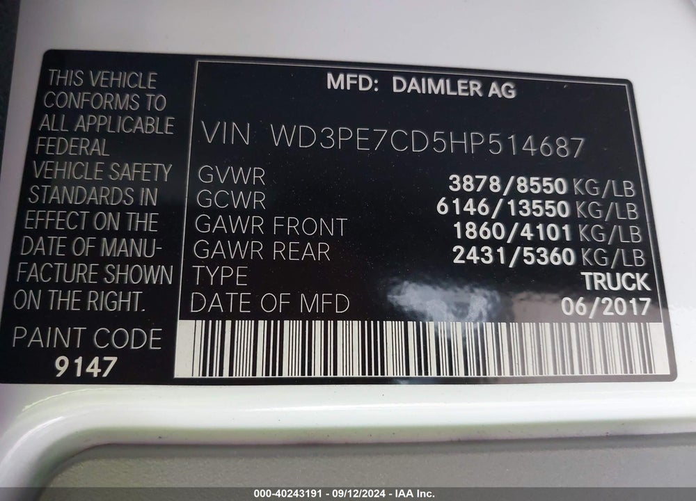 2017 MERCEDES-BENZ SPRINTER 2500 STANDARD ROOF V6 VIN: WD3PE7CD5HP514687
