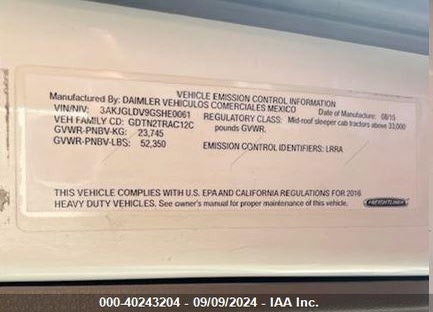 2016 FREIGHTLINER CASCADIA 125 VIN: 3AKJGLDV9GSHE0061