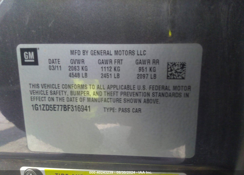2011 CHEVROLET MALIBU 2LT VIN: 1G1ZD5E77BF316941