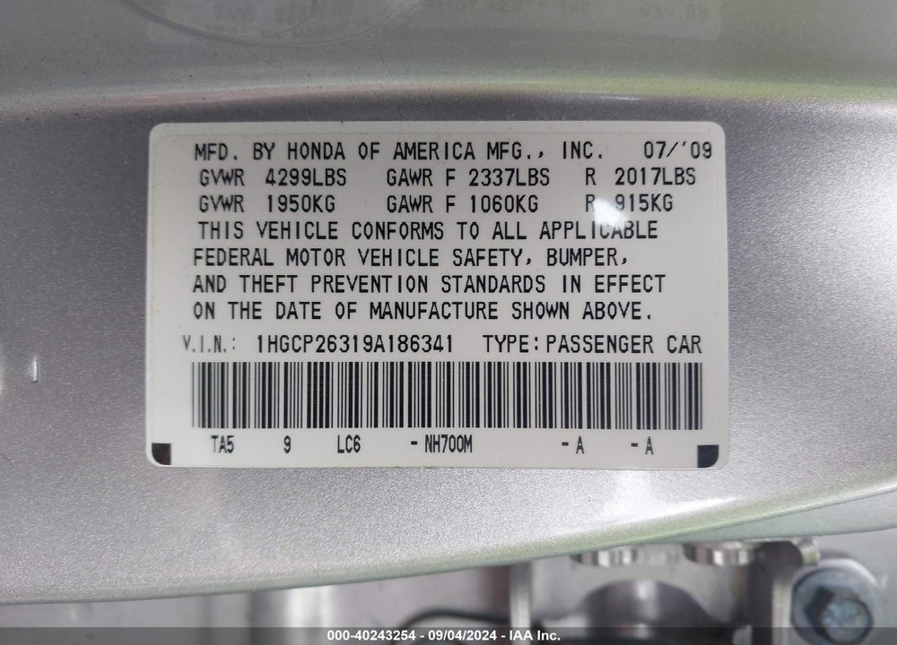 2009 HONDA ACCORD 2.4 LX VIN: 1HGCP26319A186341