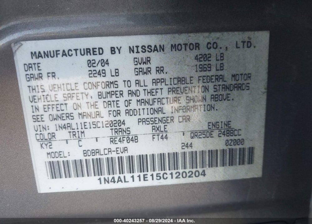 2005 NISSAN ALTIMA 2.5 S VIN: 1N4AL11E15C120204