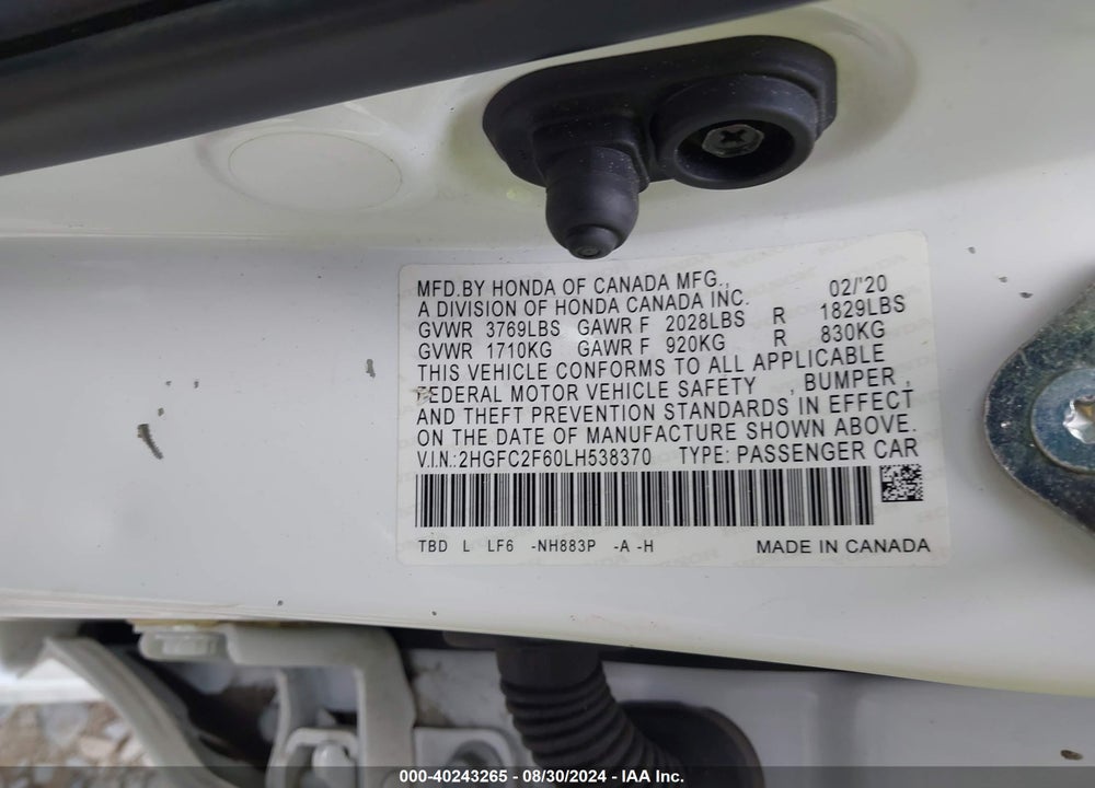 2020 HONDA CIVIC LX VIN: 2HGFC2F60LH538370
